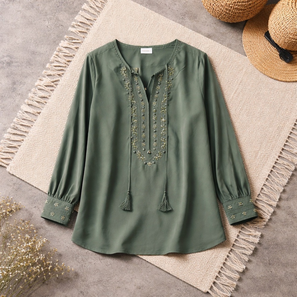 Chico's Olive Green Embroidered Peasant Blouse